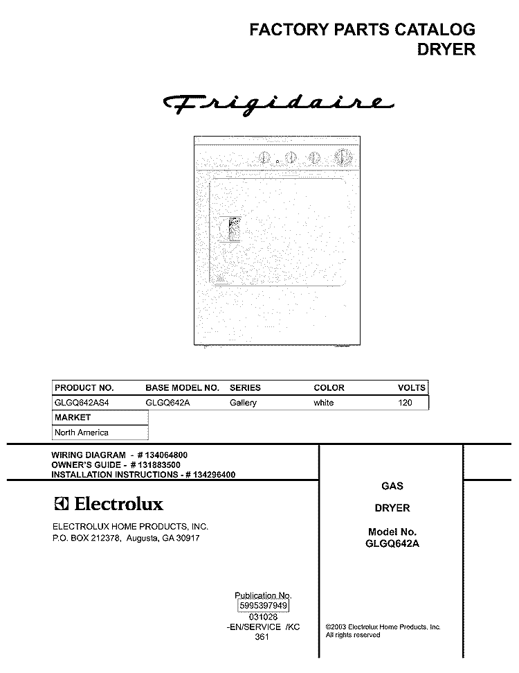 COVER Diagram and Parts List for GLGQ642AS4  Frigidaire Dryer