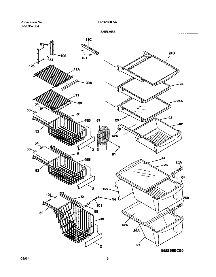SHELVES Diagram and Parts List for FRS26HF5AQ0  Frigidaire Refrigerator