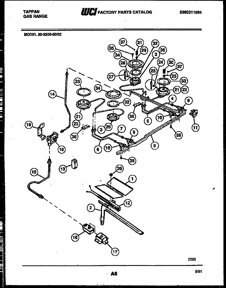 BURNER, MANIFOLD AND GAS CONTROL Diagram and Parts List for 30-3350-00-02  Tappan Range
