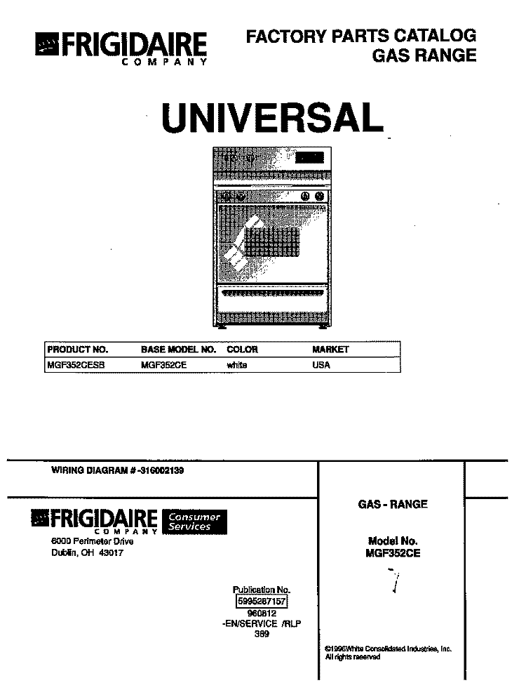 COVER Diagram and Parts List for MGF352CESB  Frigidaire Range