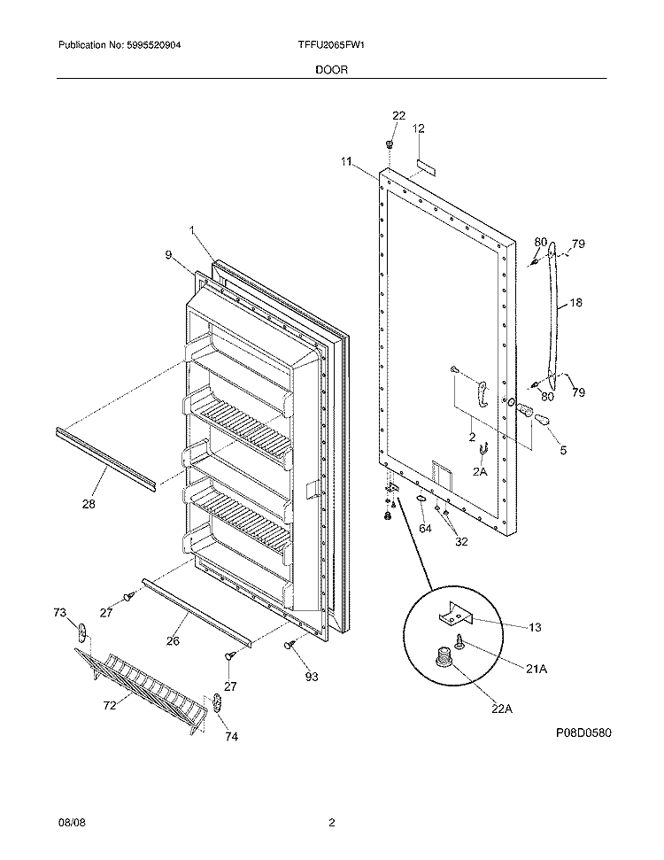DOOR Diagram and Parts List for TFFU2065FW1  Frigidaire Freezer