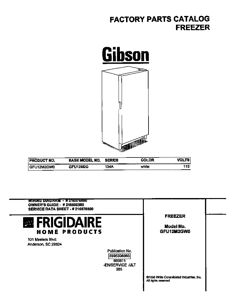 COVER Diagram and Parts List for GFU12M2GW0  Gibson Freezer
