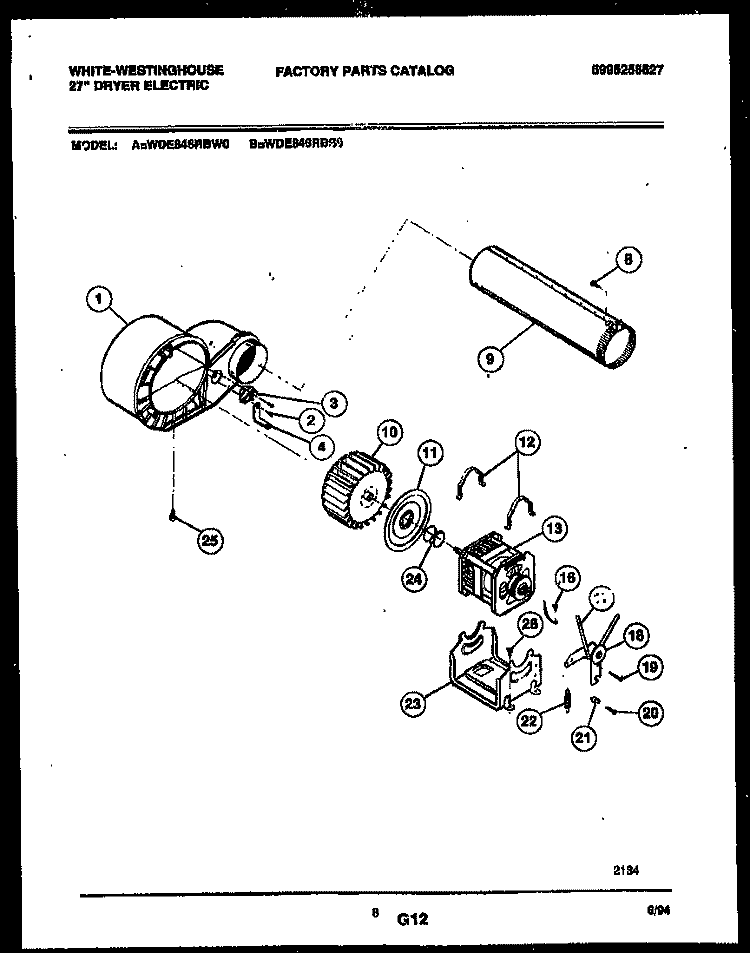 BLOWER AND DRIVE PARTS Diagram and Parts List for WDE646RBSD0  Frigidaire Dryer