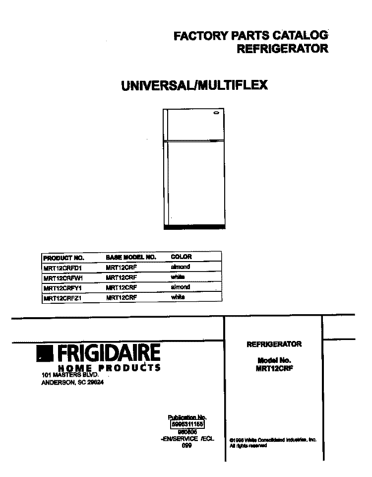 COVER Diagram and Parts List for MRT12CRFW1  Frigidaire Refrigerator