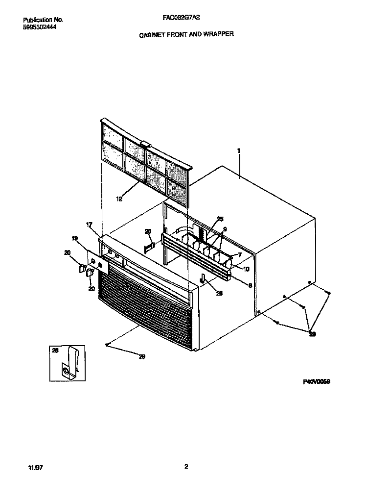 CABINET FRONT AND WRAPPER Diagram and Parts List for FAC082G7A2  Frigidaire Air Conditioner