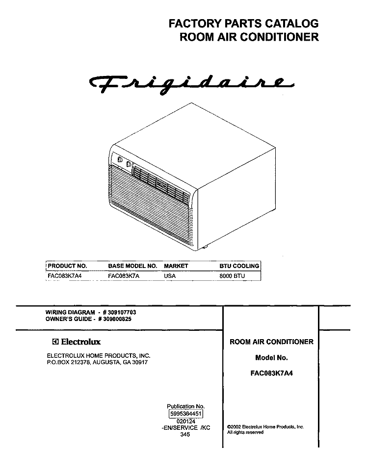 COVER Diagram and Parts List for FAC083K7A4  Frigidaire Air Conditioner