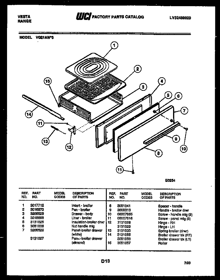 BROILER DRAWER PARTS Diagram and Parts List for VG21AW3  Tappan Range