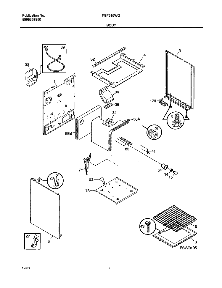 BODY Diagram and Parts List for FGF316WGSJ  Frigidaire Range
