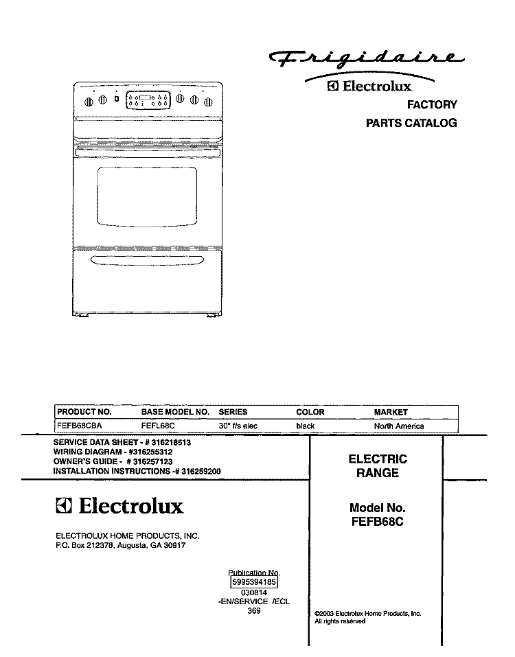 COVER Diagram and Parts List for FEFB68CBA  Frigidaire Range