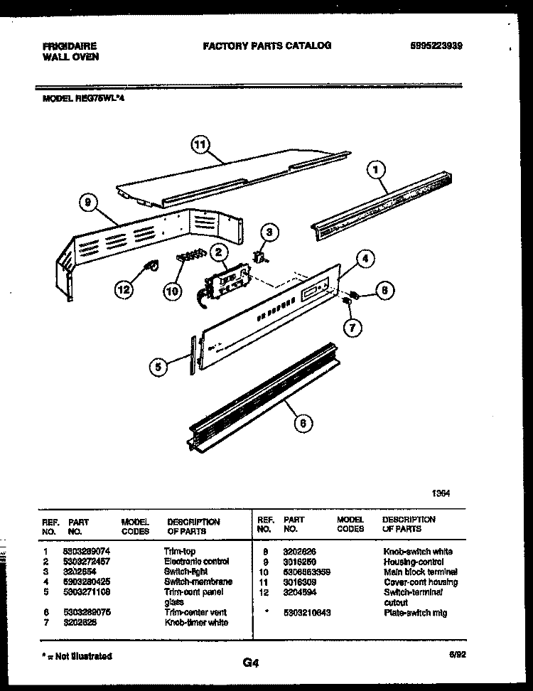 CONTROL PANEL Diagram and Parts List for REG75WL4  Frigidaire Wall Oven