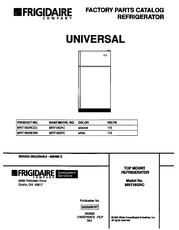 COVER Diagram and Parts List for MRT18GRCD0  Frigidaire Refrigerator