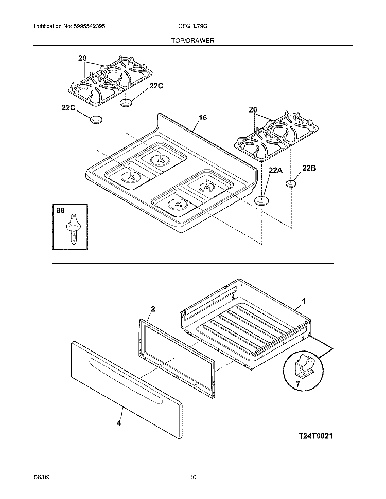 TOP/DRAWER Diagram and Parts List for CFGFL79GSD  Frigidaire Range