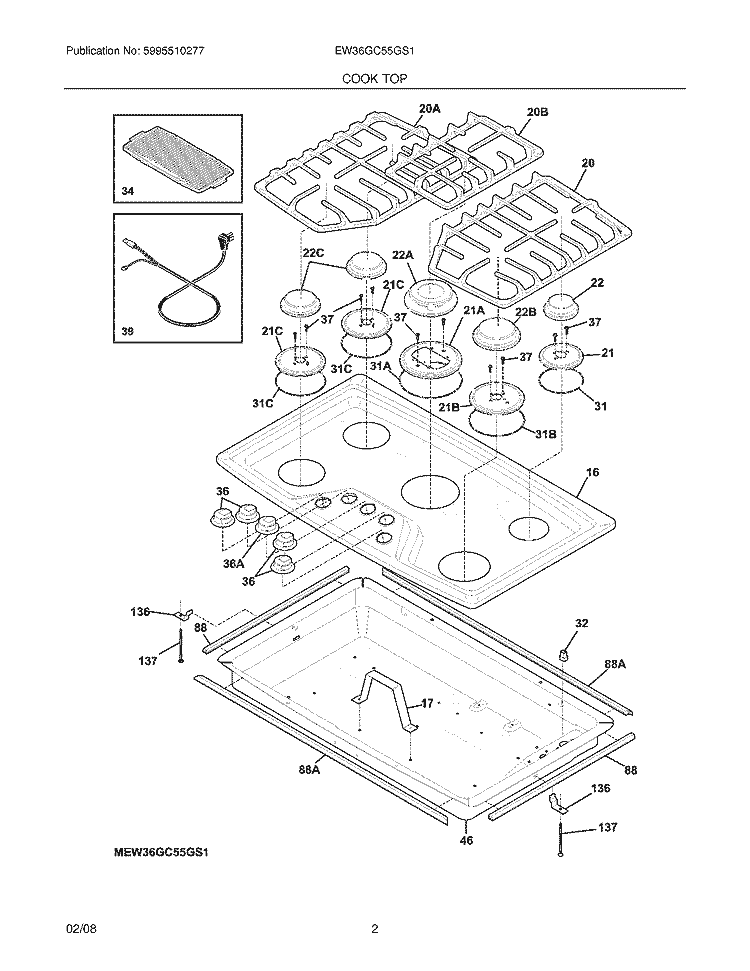 COOKTOP Diagram and Parts List for EW36GC55GS1  Electrolux Cooktop