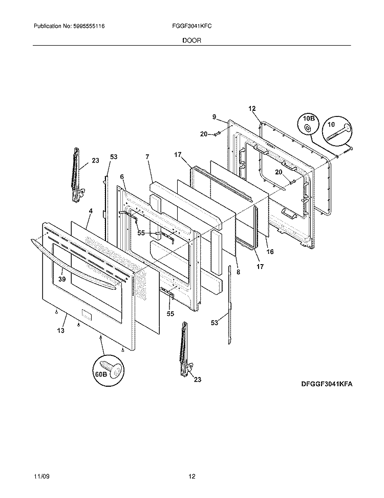 DOOR Diagram and Parts List for FGGF3041KFC  Frigidaire Range