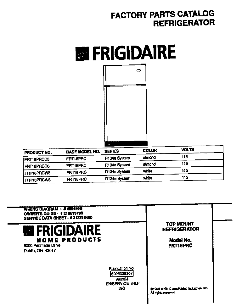 COVER Diagram and Parts List for FRT18PRCD6  Frigidaire Refrigerator