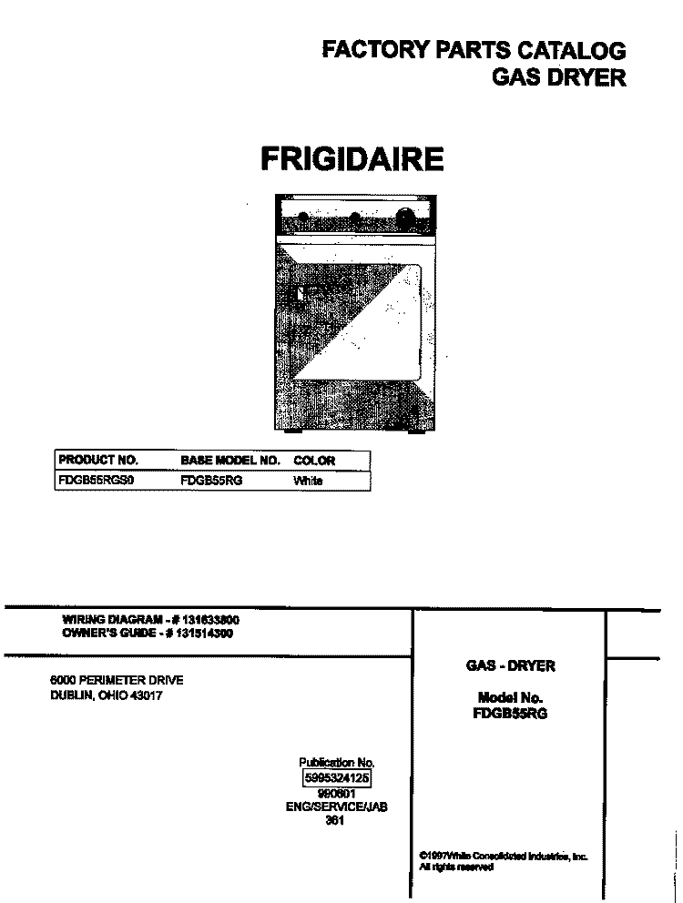 COVER Diagram and Parts List for FDGB55RGS0  Frigidaire Dryer