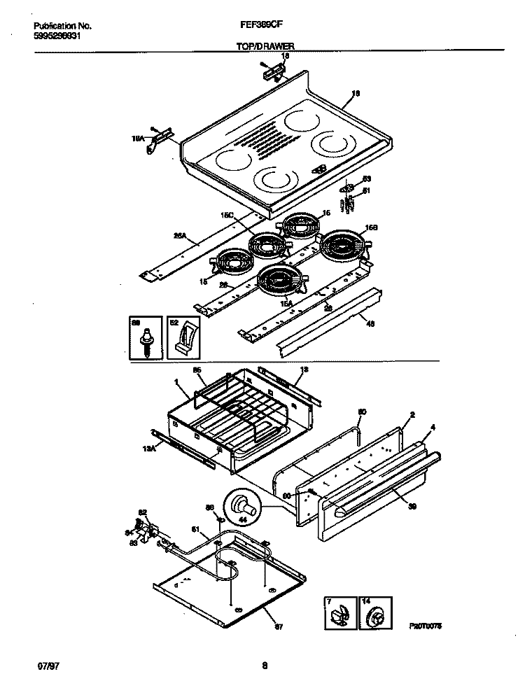 TOP / DRAWER Diagram and Parts List for FEF389CFBB  Frigidaire Range