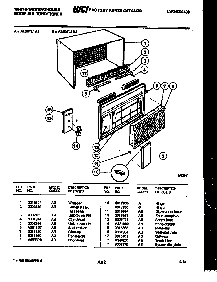 CABINET PARTS Diagram and Parts List for AL097L1A1  Frigidaire Air Conditioner