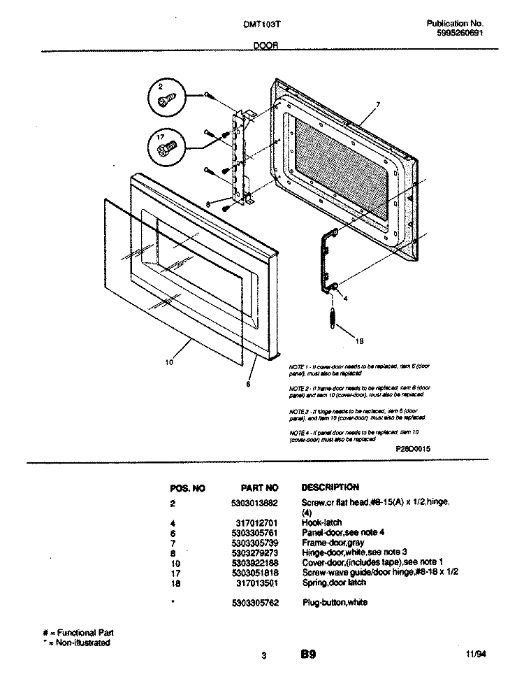 DOOR Diagram and Parts List for DMT103T1W1  Frigidaire Microwave