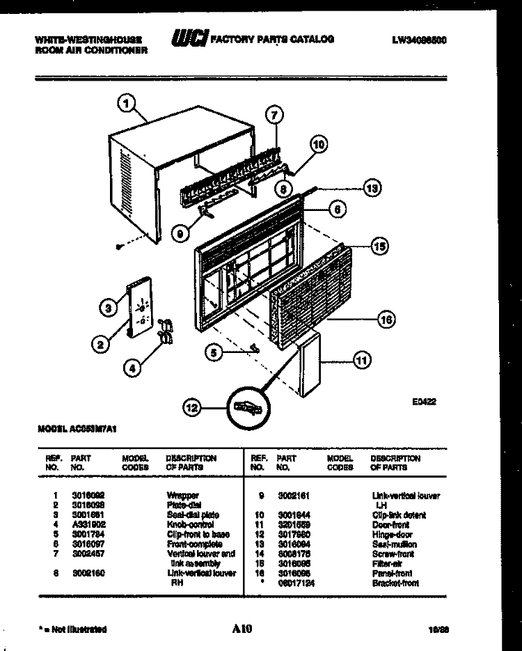 CABINET PARTS Diagram and Parts List for AC053M7A1  Frigidaire Air Conditioner