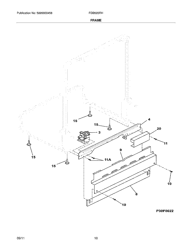 FRAME Diagram and Parts List for FDB520RHS2  Frigidaire Dishwasher