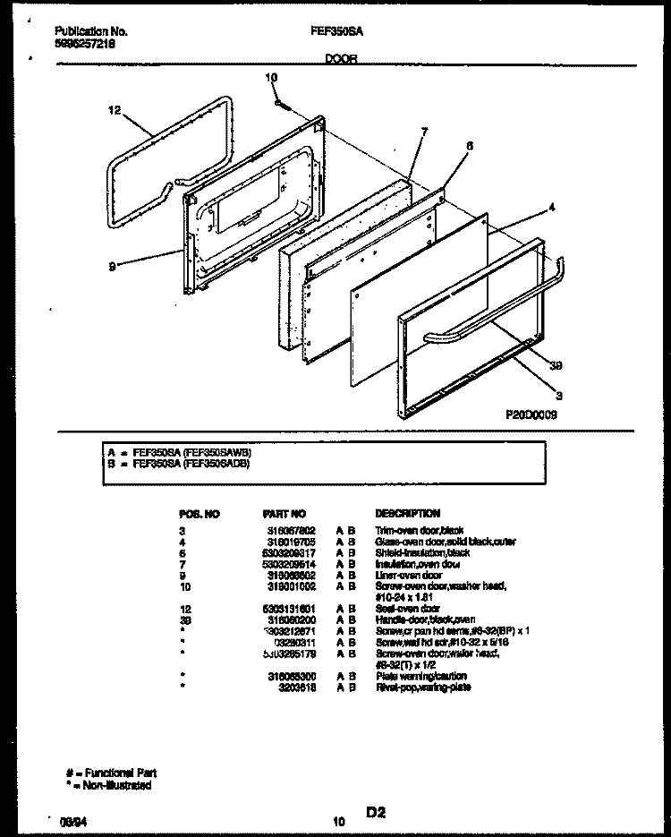 DOOR PARTS Diagram and Parts List for FEF350SAWB  Frigidaire Range