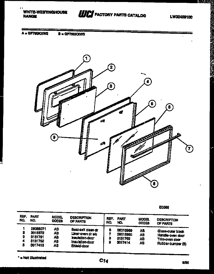 DOOR PARTS Diagram and Parts List for GF780KXW3  Frigidaire Range