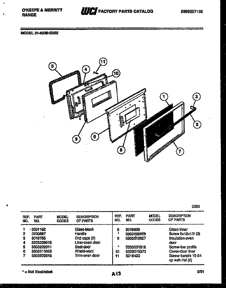 DOOR PARTS Diagram and Parts List for 31-6239-00-02  Tappan Range