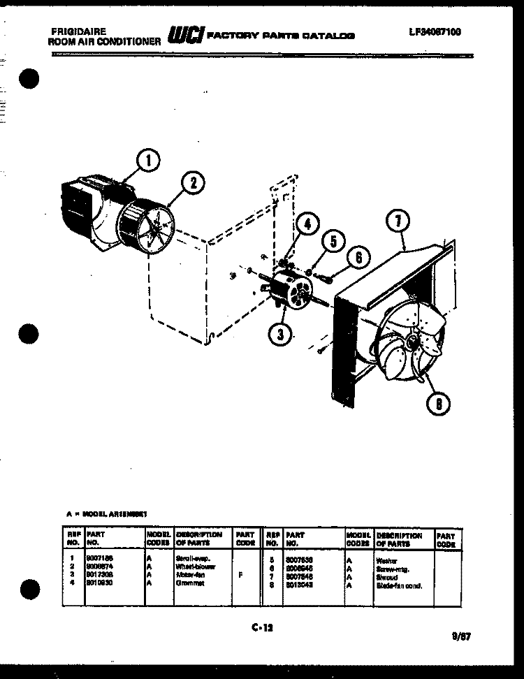 AIR HANDLING PARTS Diagram and Parts List for AR16NS8E1  Frigidaire Air Conditioner