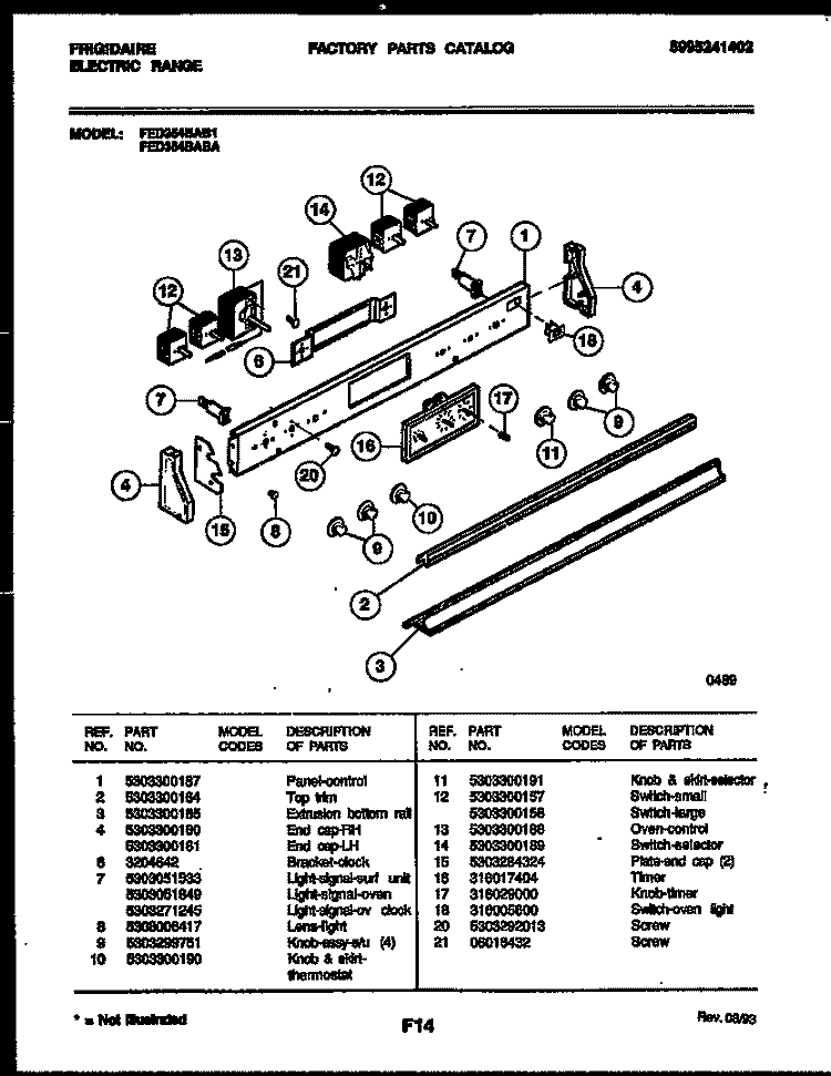 CONTROL PANEL Diagram and Parts List for FED354BAB1  Frigidaire Range