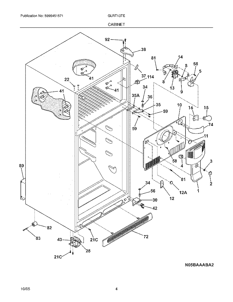 CABINET Diagram and Parts List for GLRT13TEK5  Frigidaire Refrigerator