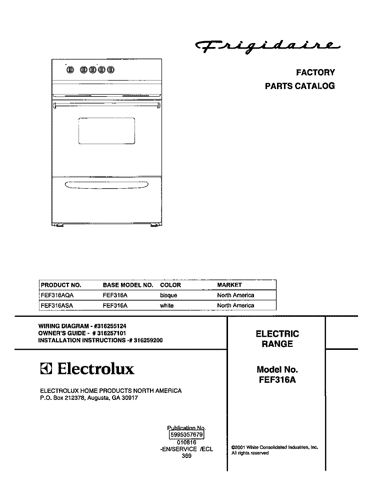 COVER Diagram and Parts List for FEF316ASA  Frigidaire Range