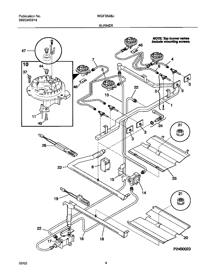 BURNER Diagram and Parts List for WGF354BJDA  Westinghouse Range