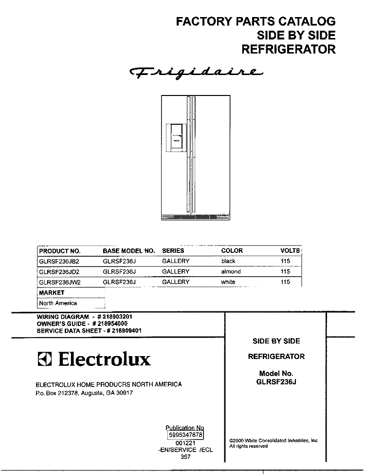 COVER Diagram and Parts List for GLRSF236JW2  Frigidaire Refrigerator