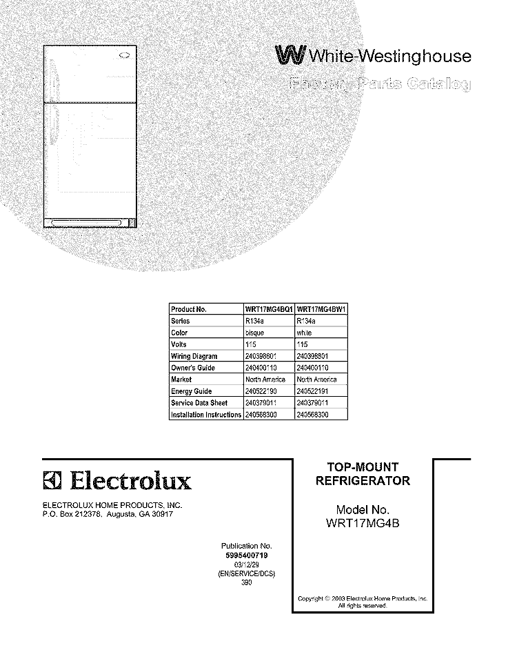 COVER Diagram and Parts List for WRT17MG4BW1  Westinghouse Refrigerator