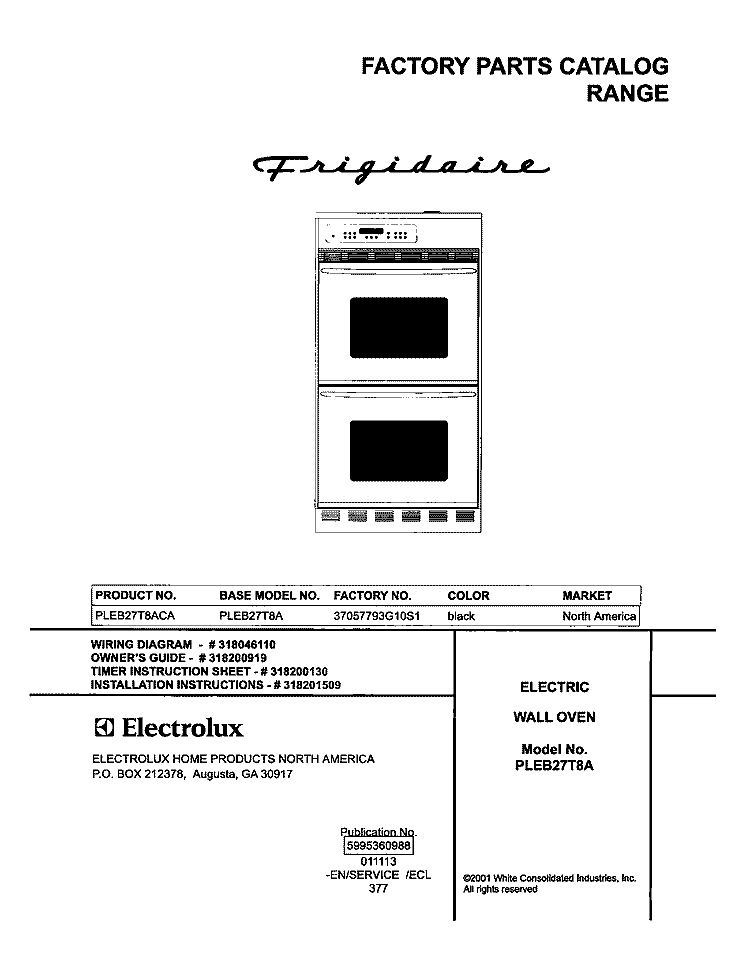 COVER Diagram and Parts List for PLEB27T8ACA  Frigidaire Wall Oven