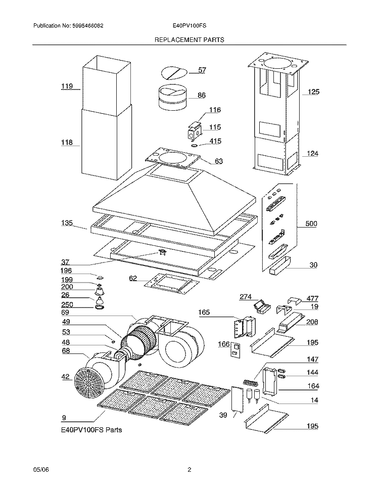 REPLACEMENT PARTS Diagram and Parts List for E40PV100FS  Electrolux Range Hood