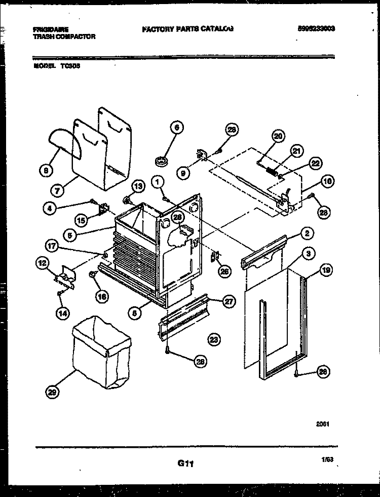 LATCH AND CONTAINER ASSEMBLY Diagram and Parts List for TC3D5  Frigidaire Trash Compactor