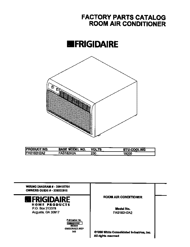 COVER Diagram and Parts List for FAS182H2A2  Frigidaire Air Conditioner