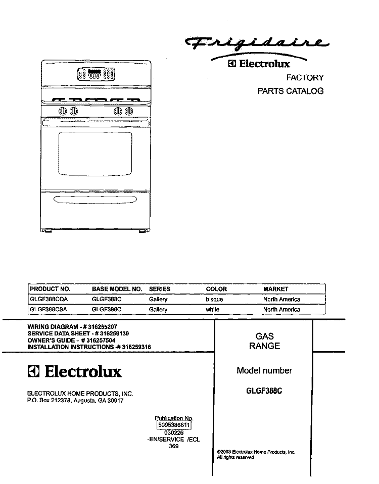 COVER Diagram and Parts List for GLGF388CQA  Frigidaire Range
