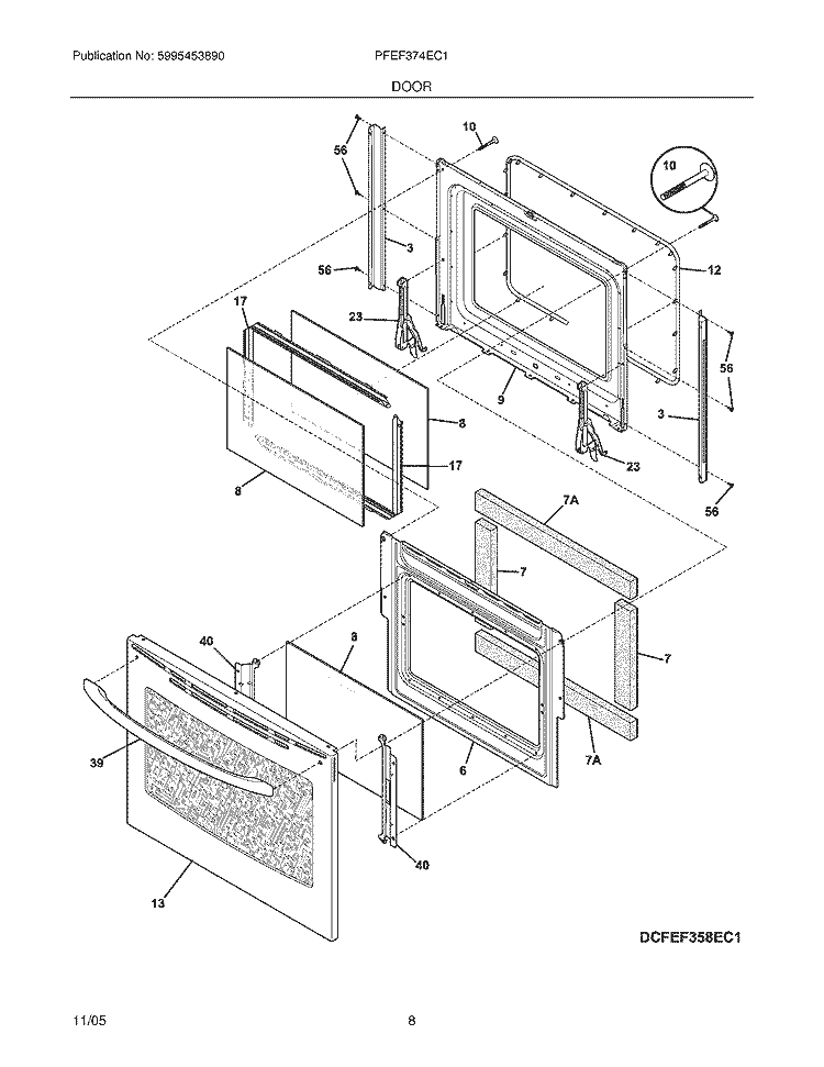 DOOR Diagram and Parts List for PFEF374EC1  Frigidaire Wall Oven