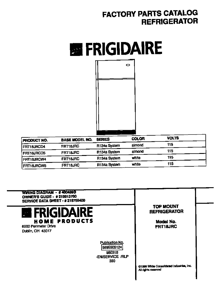 COVER Diagram and Parts List for FRT18JRCW5  Frigidaire Refrigerator