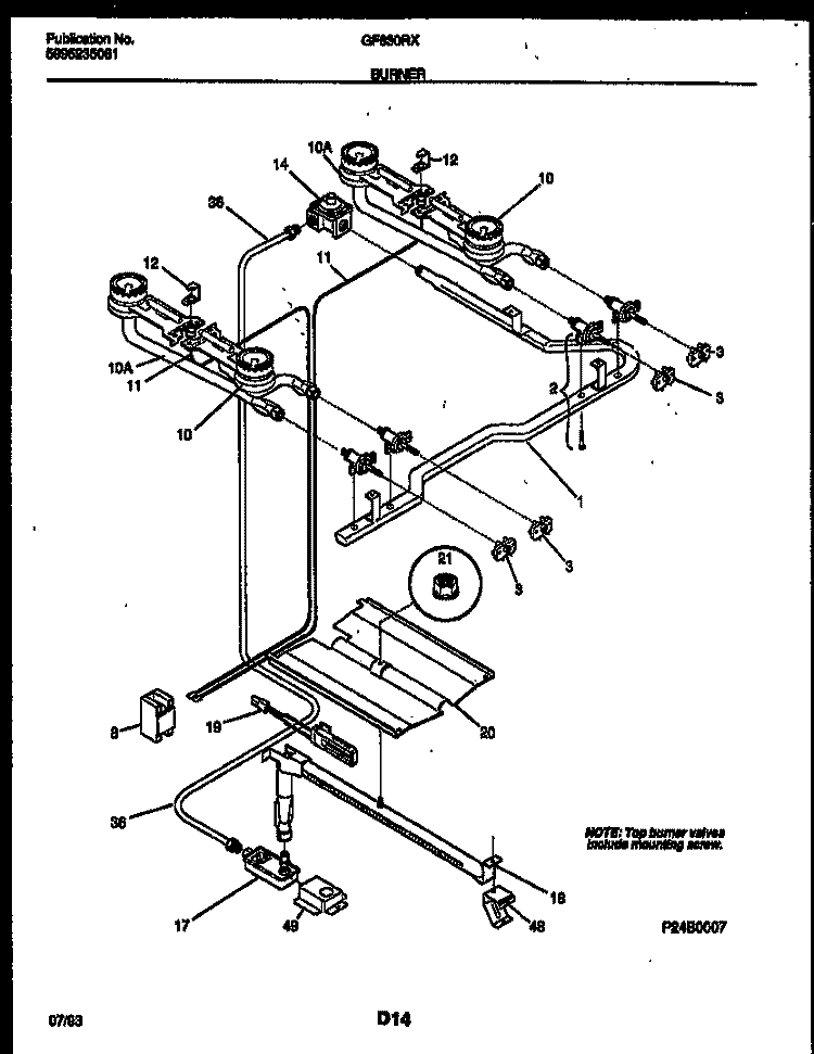 BURNER, MANIFOLD AND GAS CONTROL Diagram and Parts List for GF630RXW2  Frigidaire Range