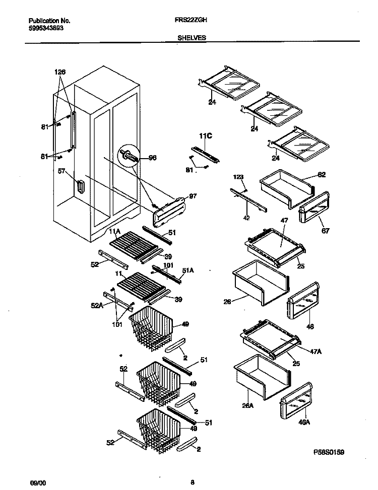 SHELVES Diagram and Parts List for FRS22ZGHD5  Frigidaire Refrigerator