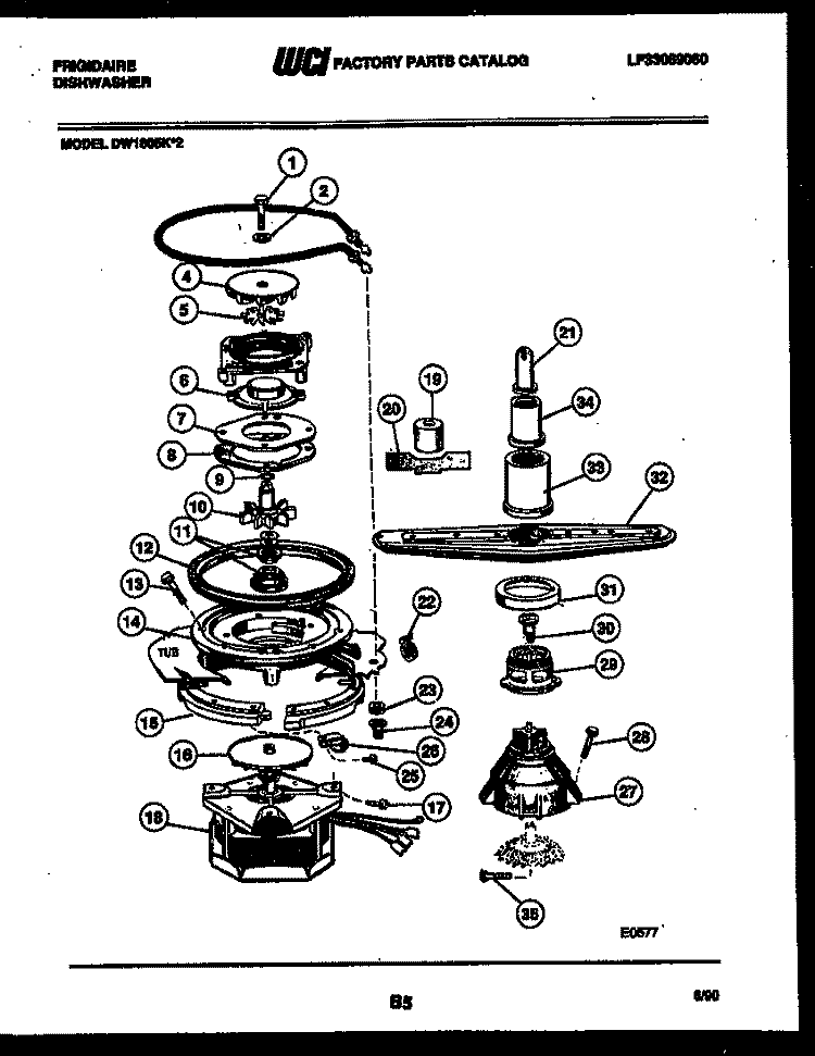 MOTOR PUMP PARTS Diagram and Parts List for DW1085KW2  Frigidaire Dishwasher