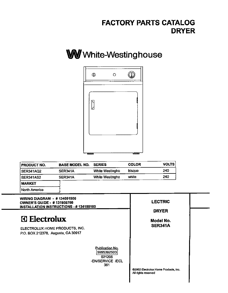 COVER Diagram and Parts List for SER341AQ2  Westinghouse Dryer