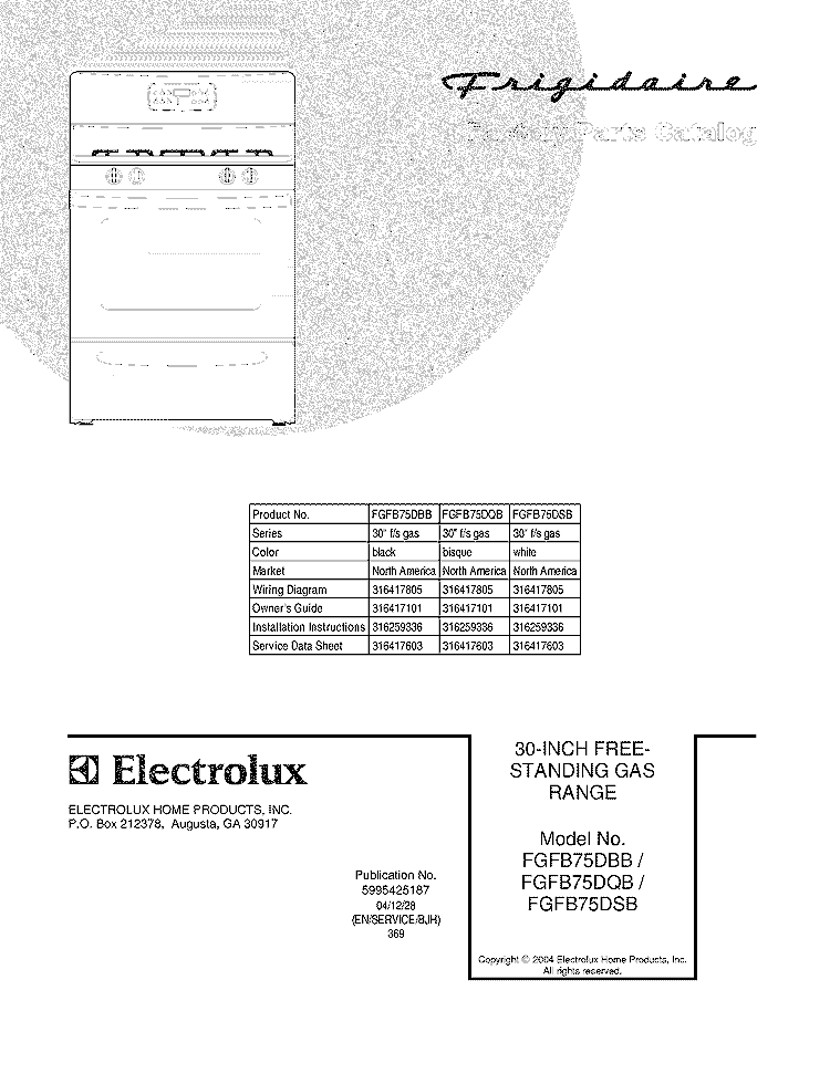 COVER Diagram and Parts List for FGFB75DBB  Frigidaire Range