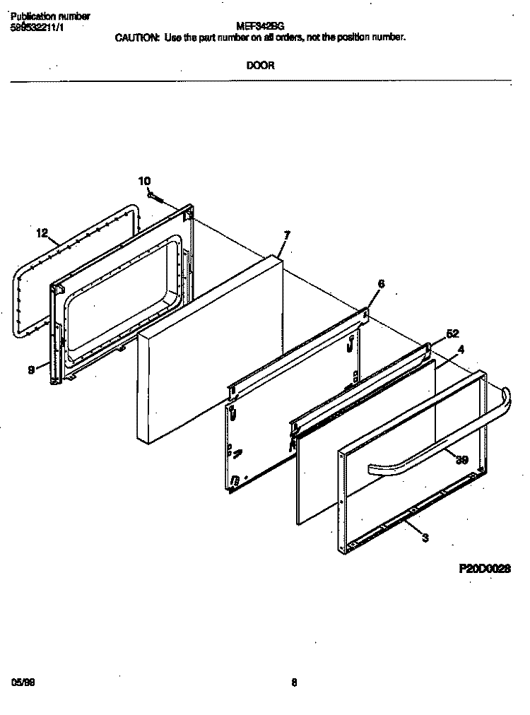 DOOR Diagram and Parts List for MEF342BGWD  Frigidaire Range
