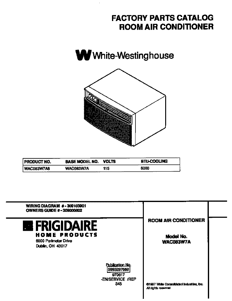 COVER Diagram and Parts List for WAC083W7A8  Frigidaire Air Conditioner