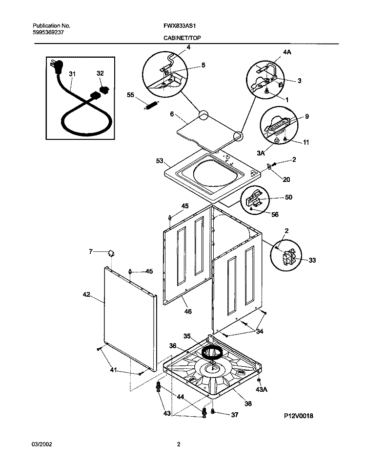 WSHR CAB, TOP Diagram and Parts List for FWX833AS1  Frigidaire Washer